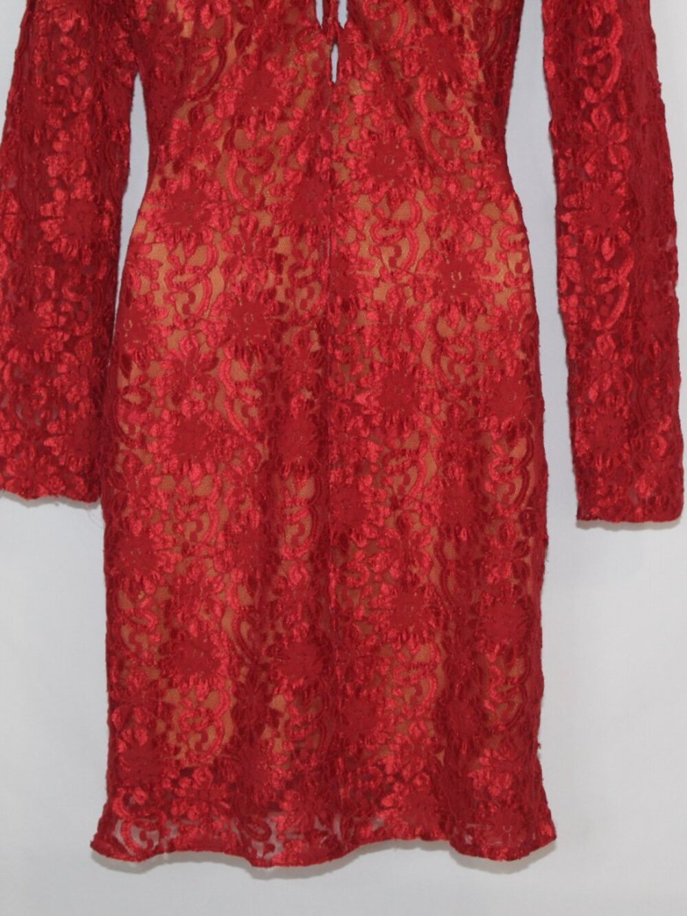 Vtg 90s women's dress size L red nude illusion long sleeve tight fitting flapper - Picture 10 of 14